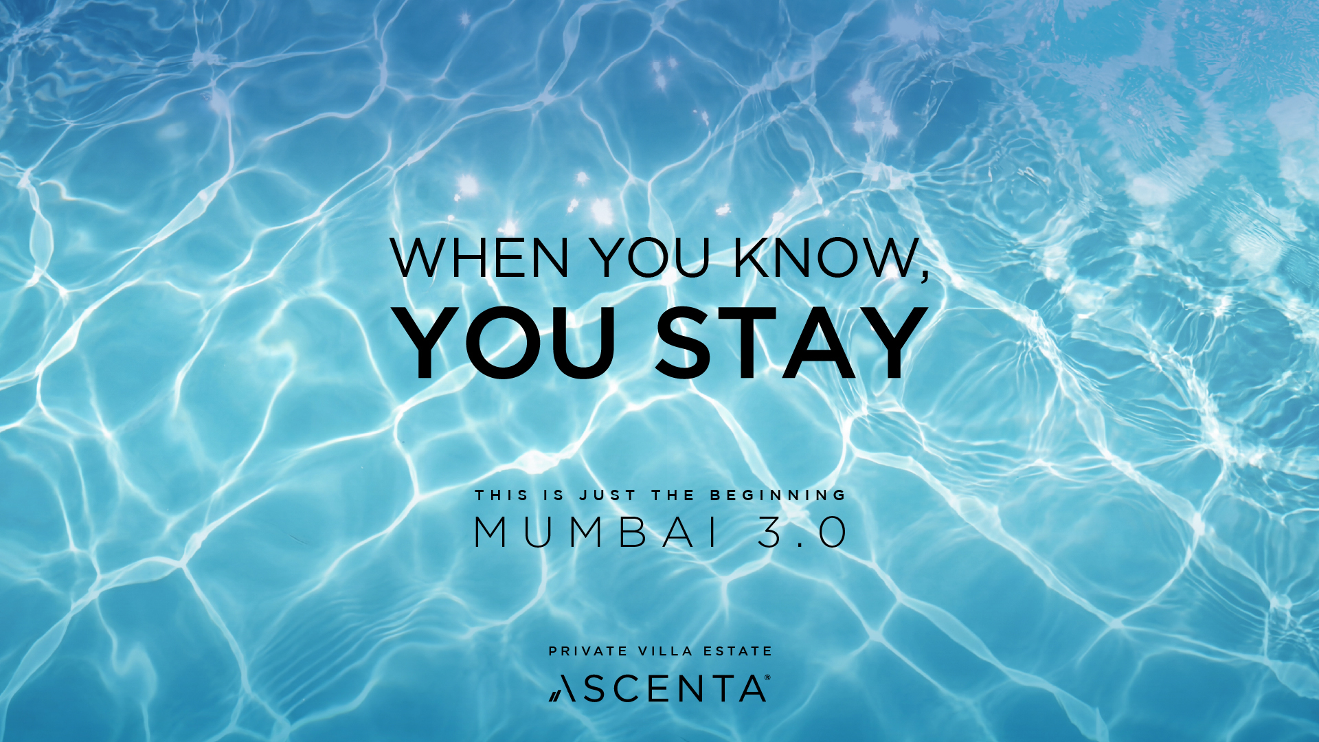 Aerial view of a turquoise infinity pool at Basalt Hills Private Villa Estate with the text 'When you know, you stay.